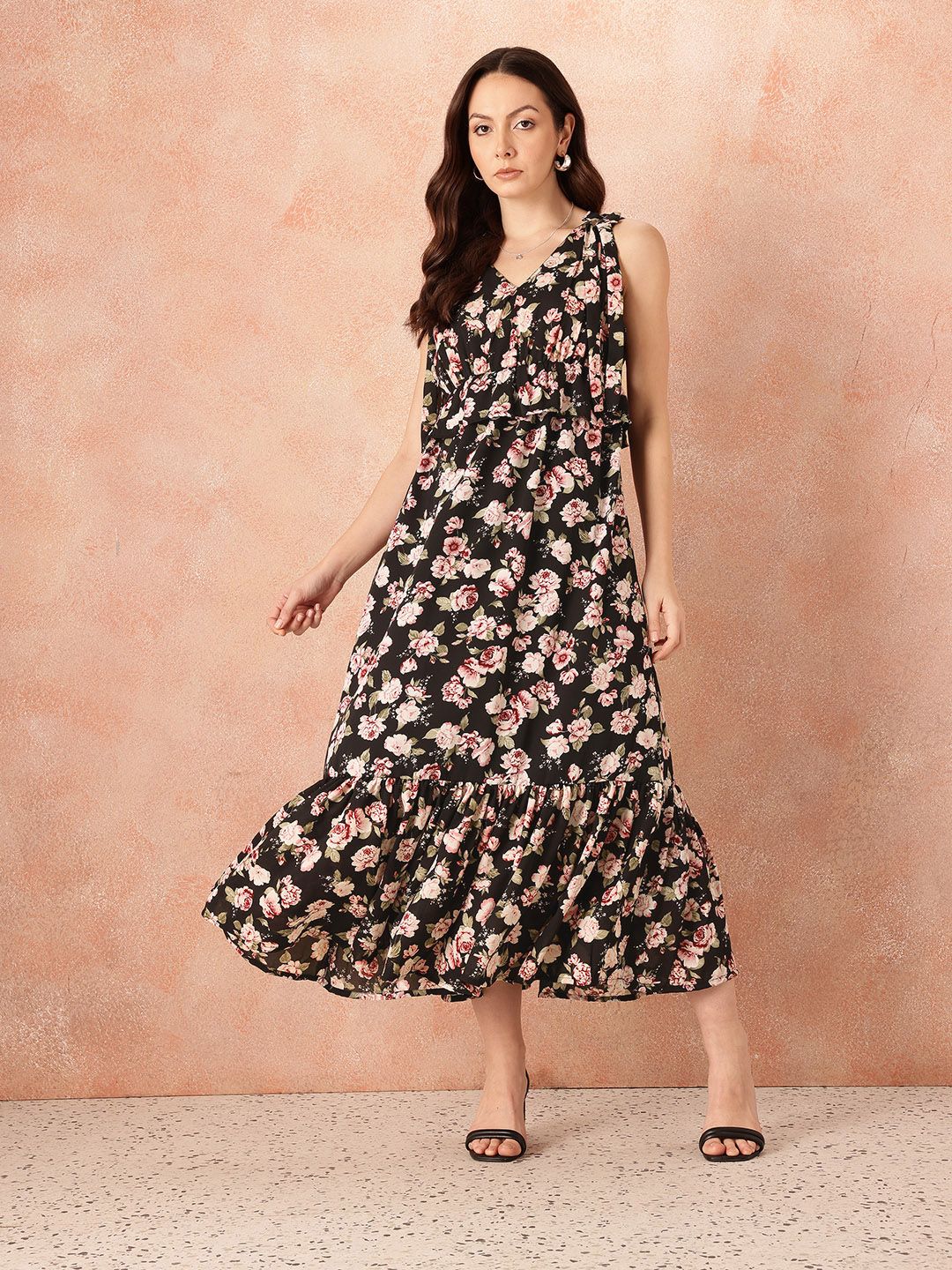 all about you Tropical Print Ruffled & Bow Detail Georgette Maxi Empire Dress