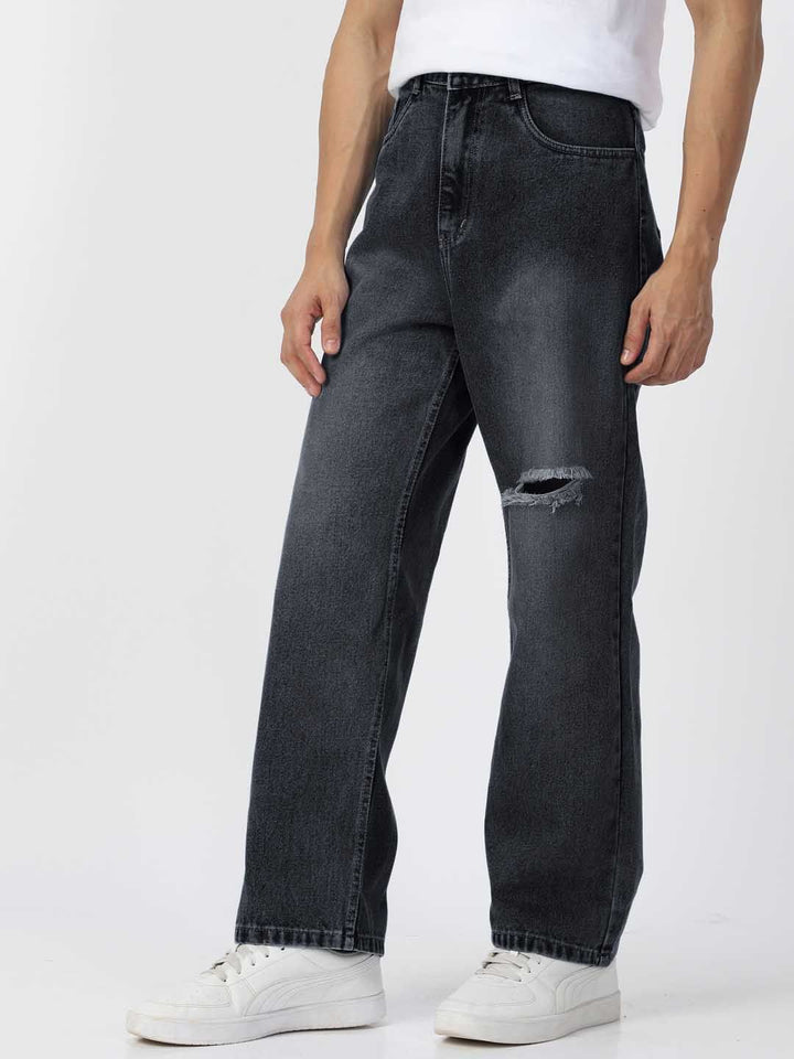Urbano Fashion Men Pure Cotton Loose Relaxed Fit Slash Knee Heavy Fade Jeans