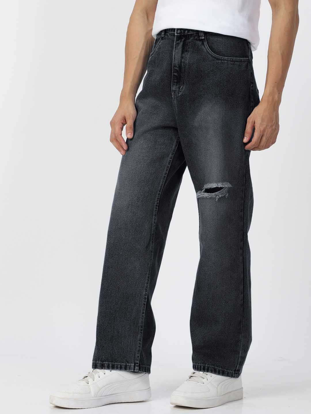 Urbano Fashion Men Pure Cotton Loose Relaxed Fit Slash Knee Heavy Fade Jeans