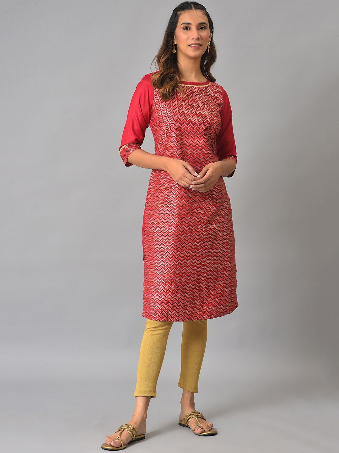 AURELIA Geometric Woven Design Boat Neck Kurta