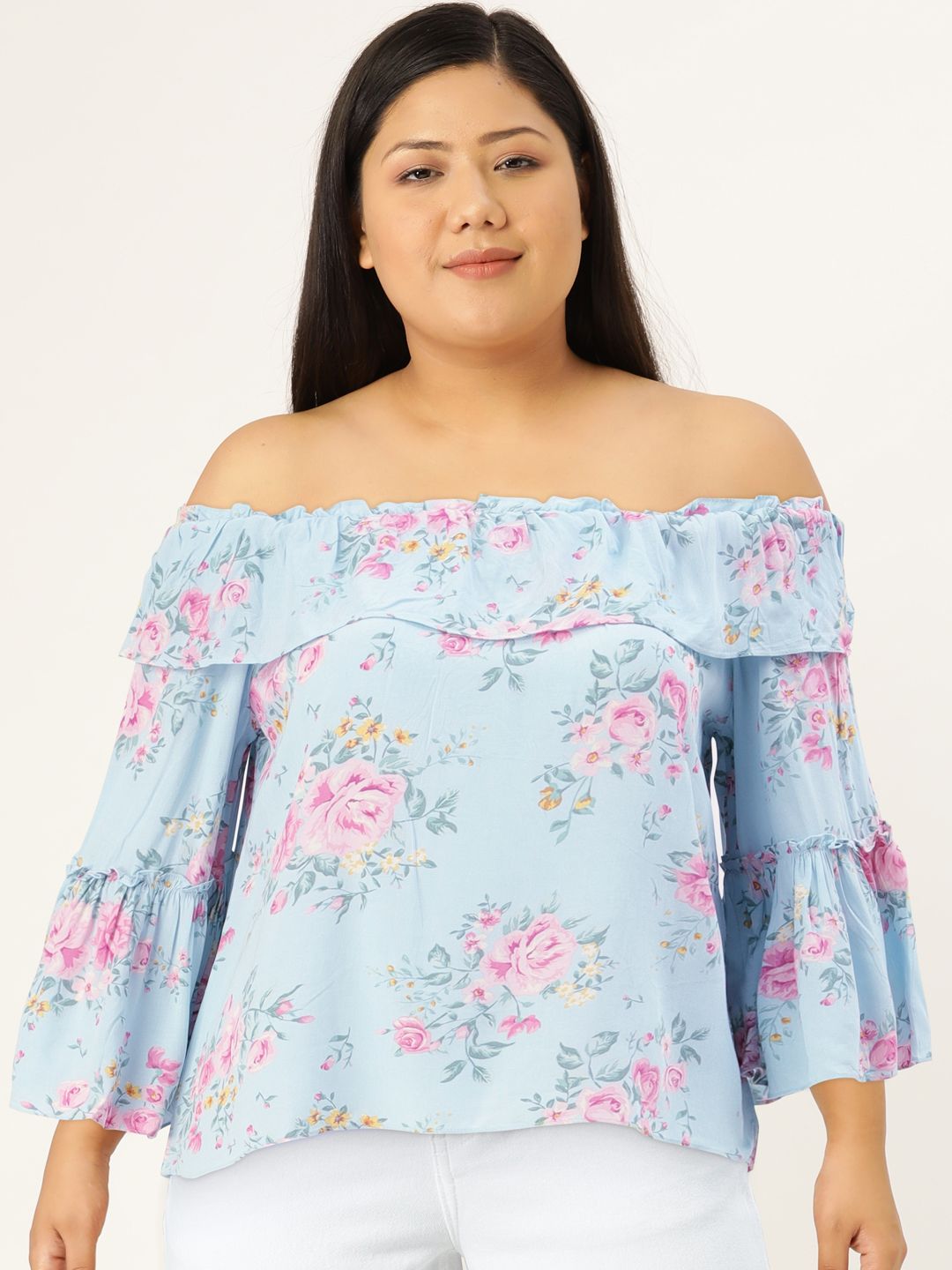 AND Blue Floral Print Off-Shoulder Bardot Top