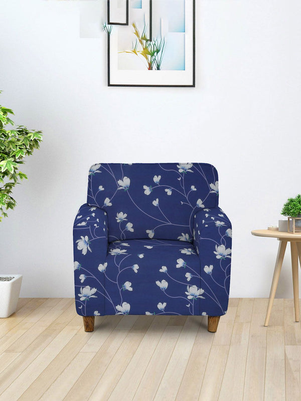 Cortina Navy Blue Floral Printed Single-Seater Sofa Covers
