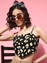 Berrylush Black Animal Print Crepe Tank Crop Top