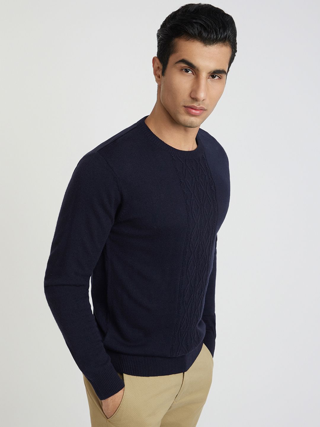 Raymond Men Navy Blue Solid Cable Knit Pullover