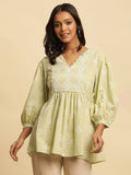 W Green & White Floral Printed Puff Sleeve Pure Cotton A-Line Top