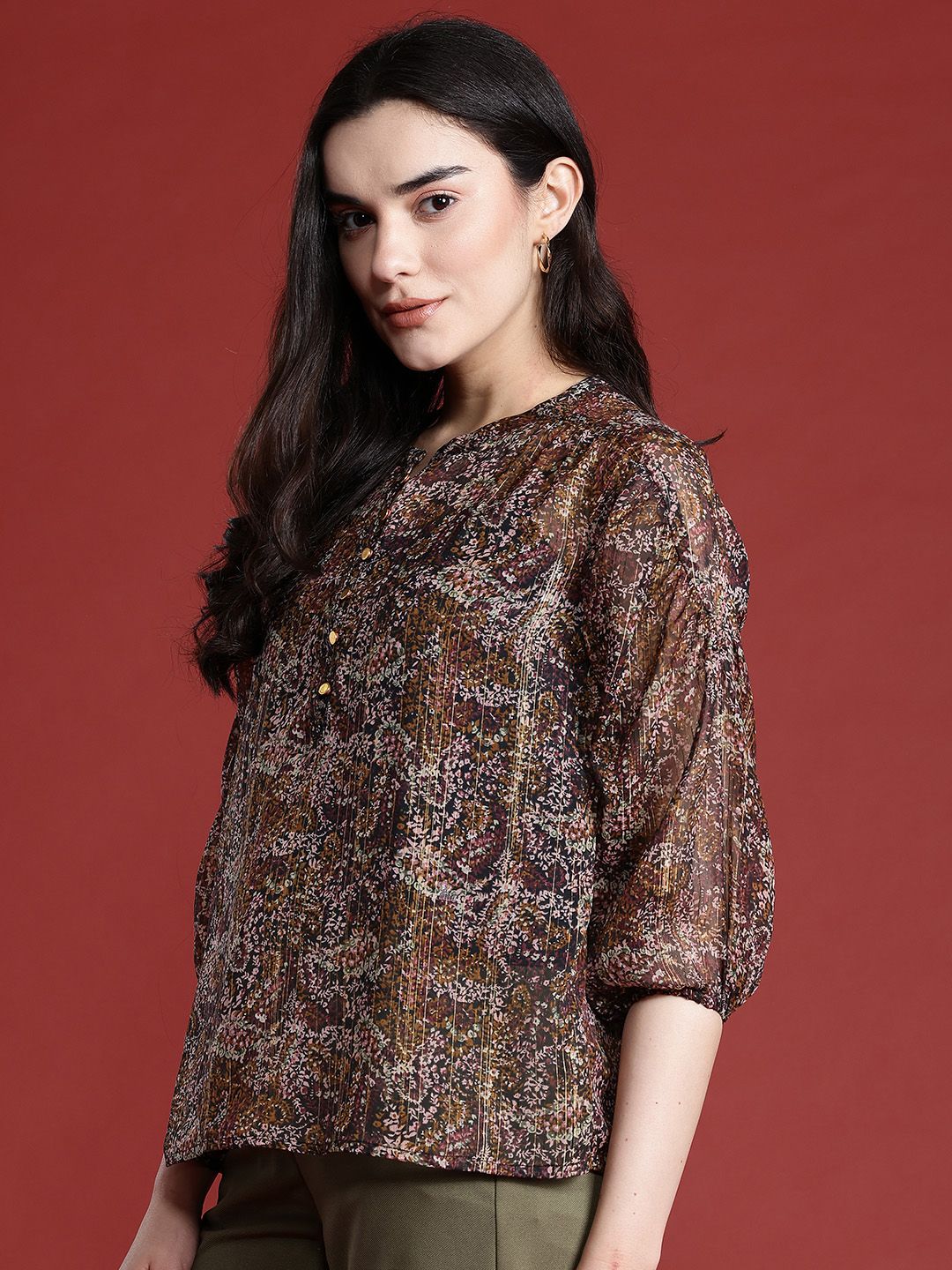 all about you Floral Print Puff Sleeves Sheer Top