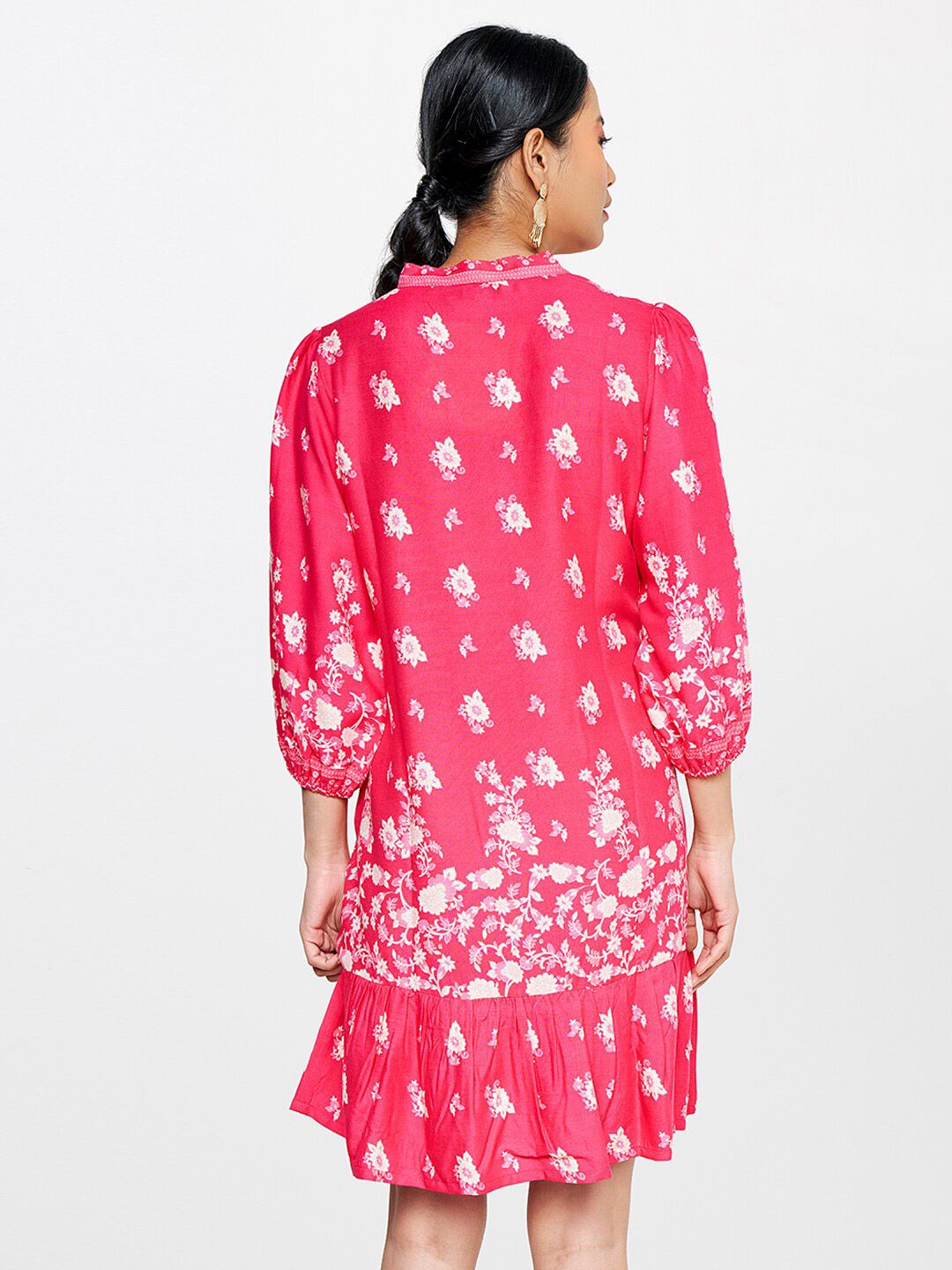 Global Desi Pink Floral Tie-Up Neck Drop-Waist Dress