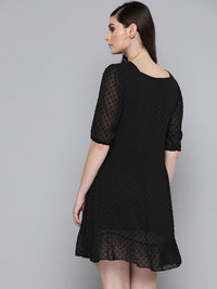 SASSAFRAS Black Self Design Dobby Weave A-Line Dress