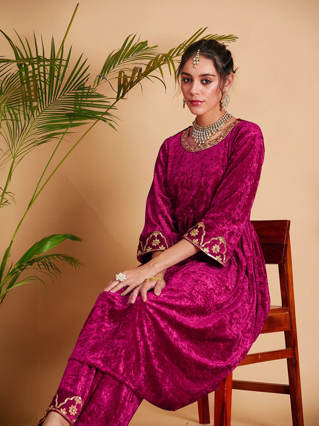 Shae by SASSAFRAS Women Fuchsia Empire Gotta Patti Velvet Kurta with Palazzos