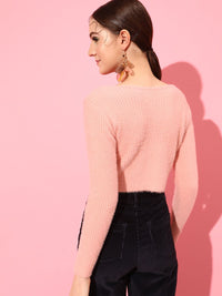 STREET 9 Women Peach-Coloured Ribbed Crop Cardigan