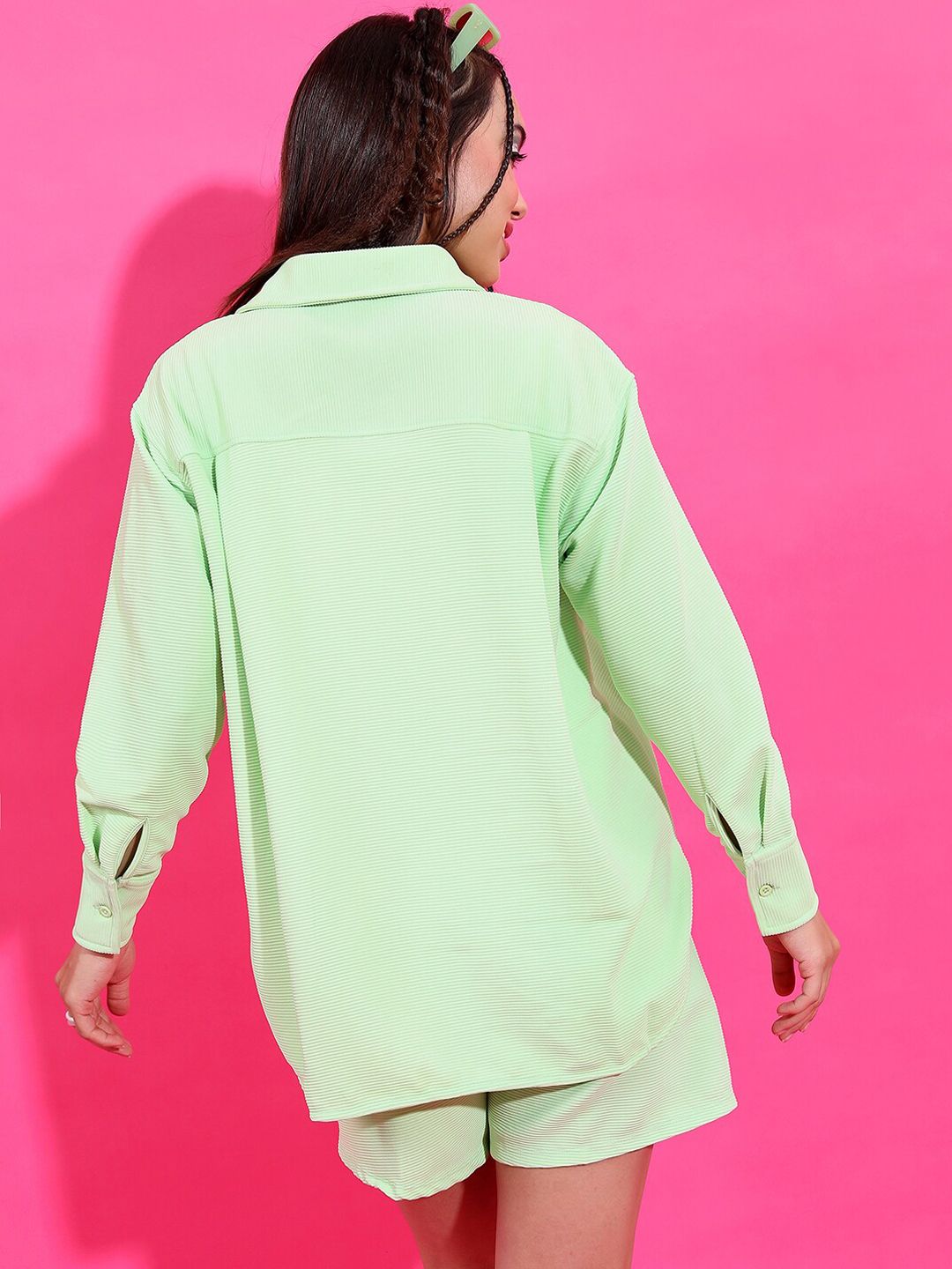 Tokyo Talkies Women Green Knitted Shirt With Shorts Set