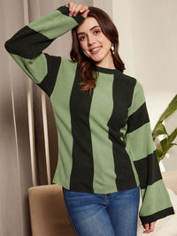 Berrylush Green Striped Acrylic Pullover Sweater