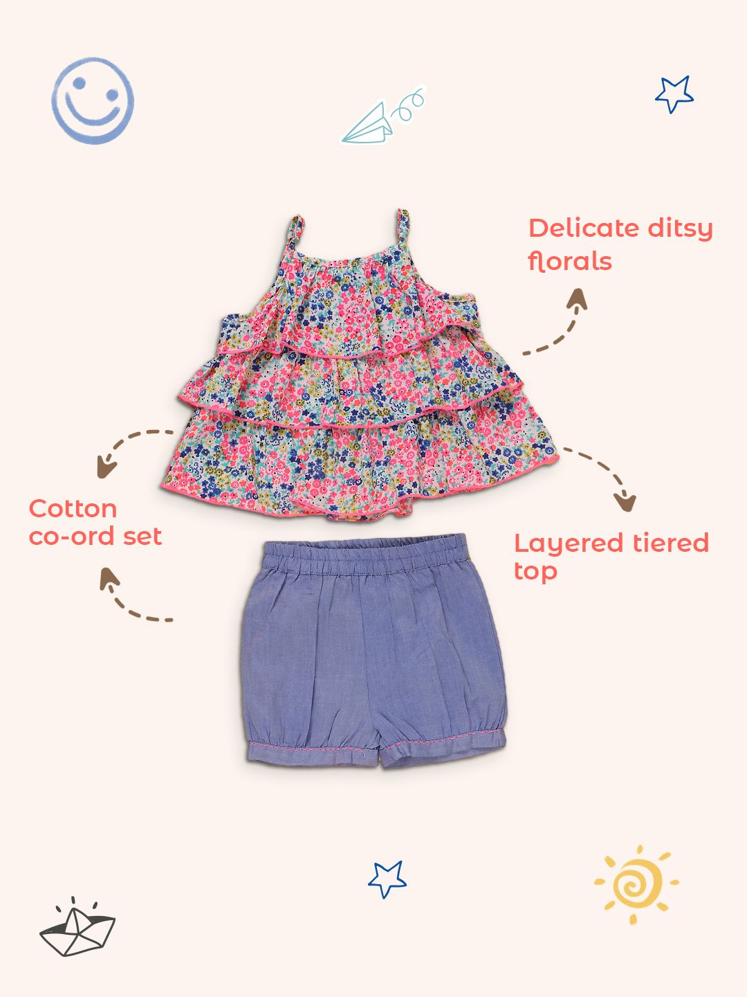 Nauti Nati Girls White & Blue Printed Co-Ords Set