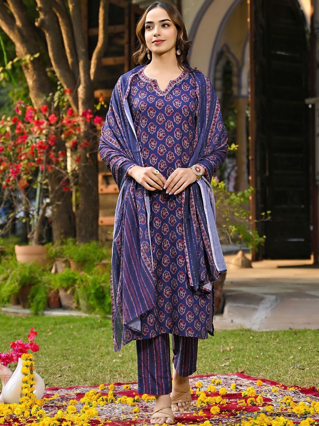 KALINI Floral Printed V-Neck Gotta Patti Straight Kurta With Trousers & Dupatta