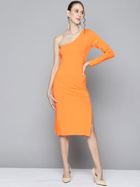 SASSAFRAS Women Orange Solid One Shoulder Sheath Midi Dress