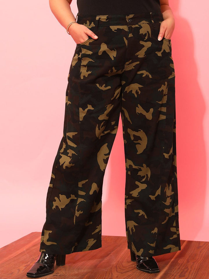 CURVY STREET Women Plus Size Olive Green Printed Relaxed Straight Leg Pure Cotton Trousers