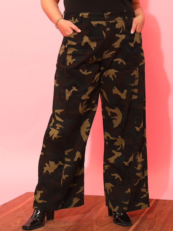 CURVY STREET Women Plus Size Olive Green Printed Relaxed Straight Leg Pure Cotton Trousers
