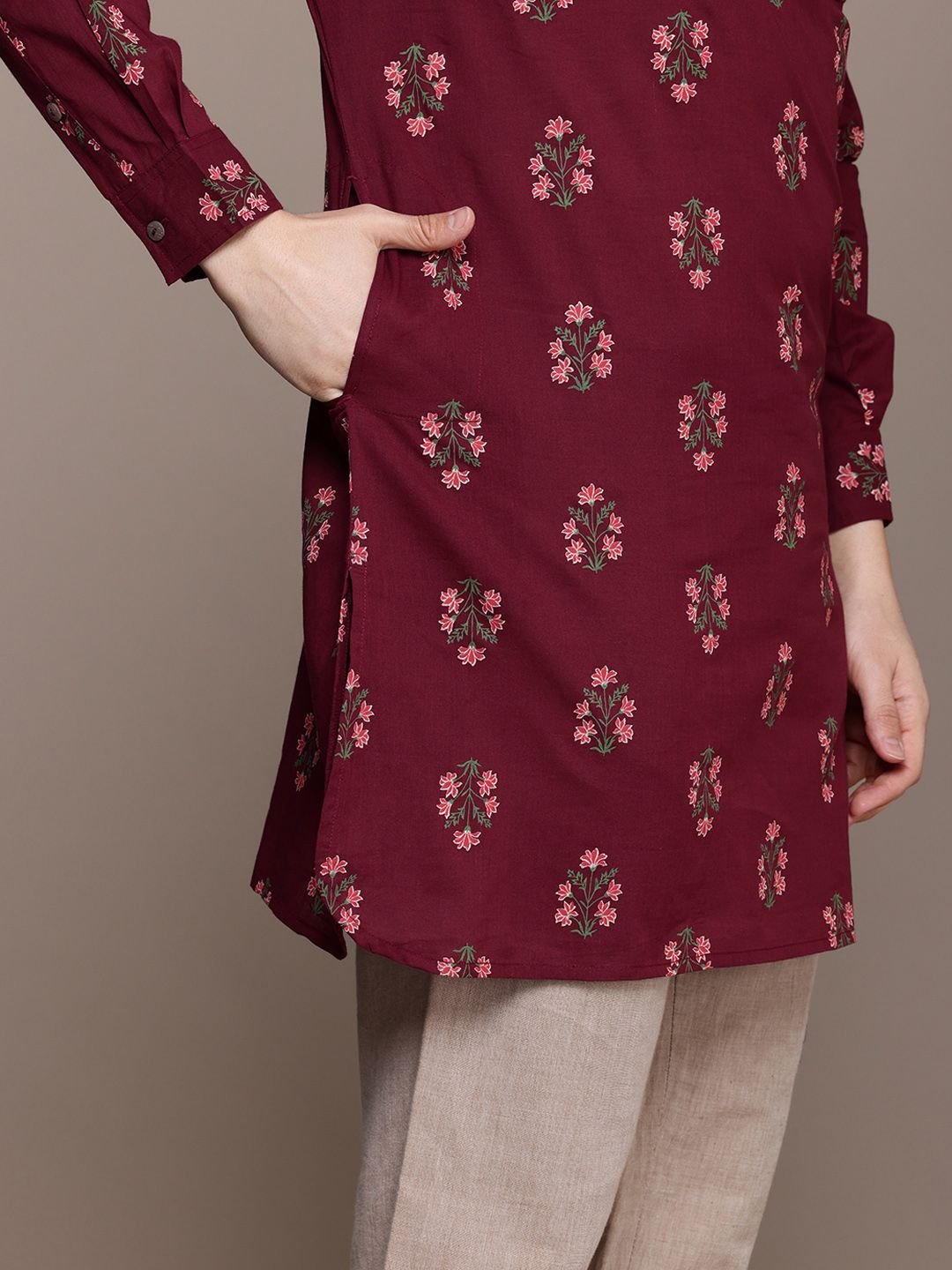 House of Pataudi Men Floral Printed Pure Cotton Kurta