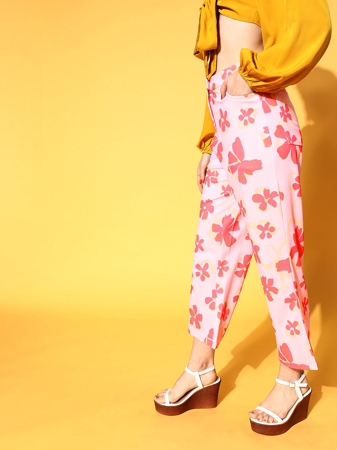 Athena Women Pretty Pink Floral Graduated Flared Trousers