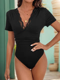 DressBerry Lace Insert Plunge Neck Bodysuit