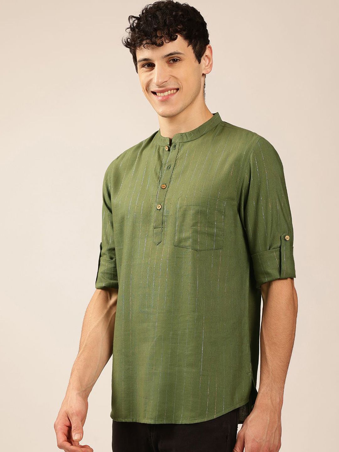 Anouk Green Striped Woven Design Mandarin Collar Roll-Up Sleeves Zari Pathani Short Kurta