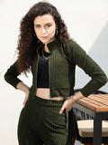 STREET 9 Women Olive Green Striped Crop Bomber Jacket