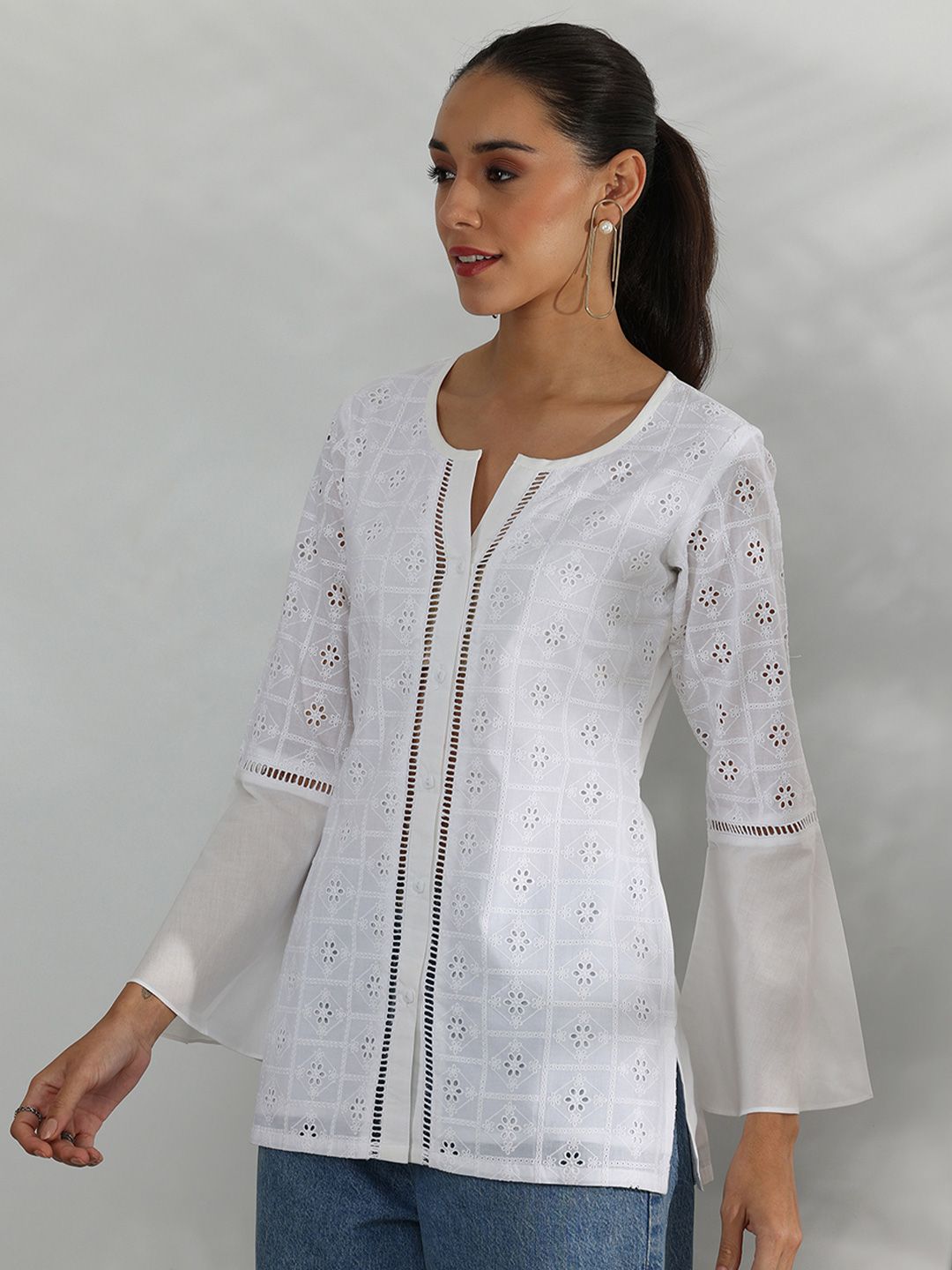 Libas Floral Embellished Notch Neck Pure Cotton Tunic