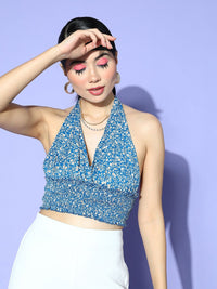 Berrylush Floral Print Halter Neck Crepe Crop Top