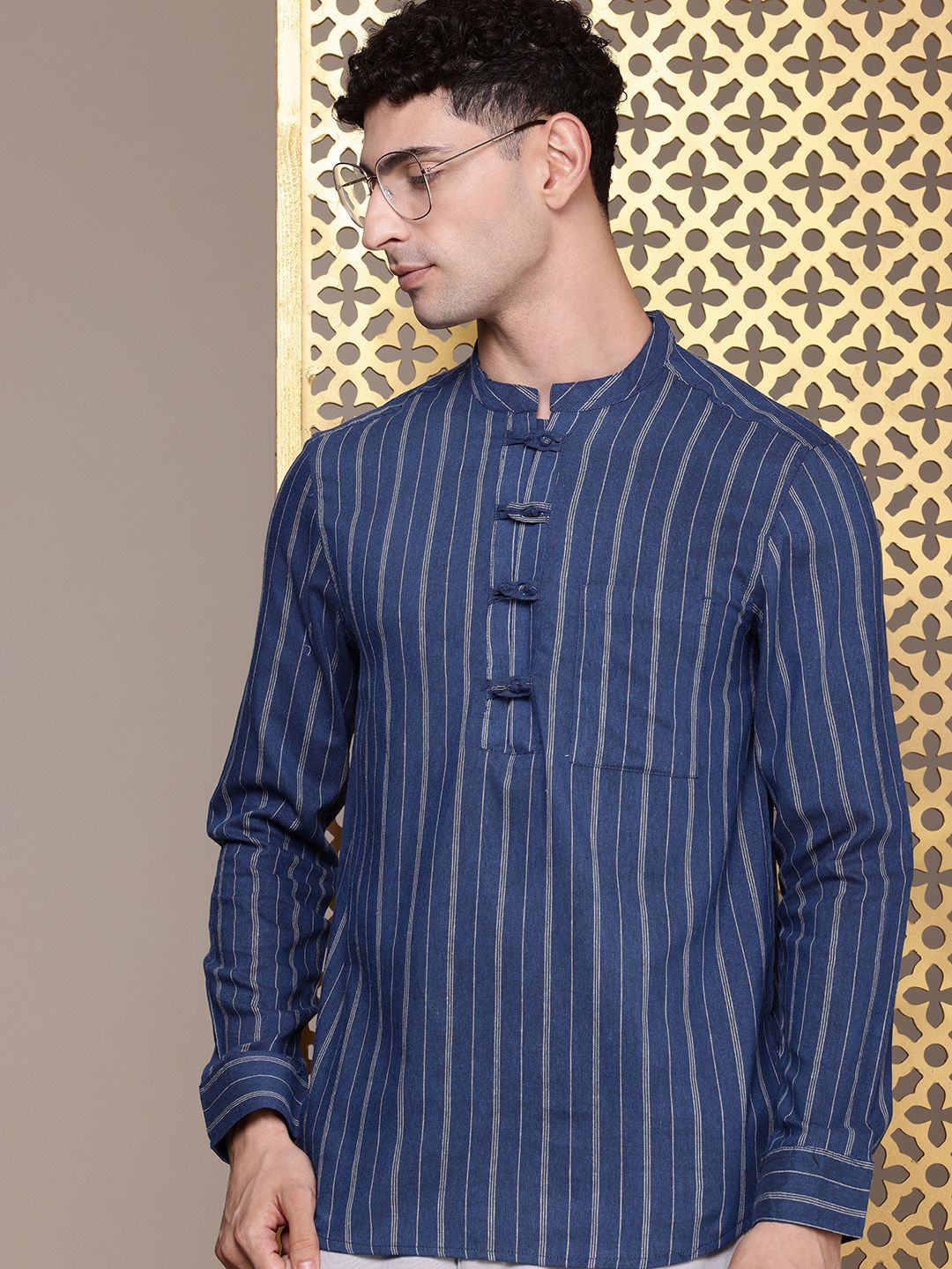 House of Pataudi Mandarin Collar Striped Rozana Kurta