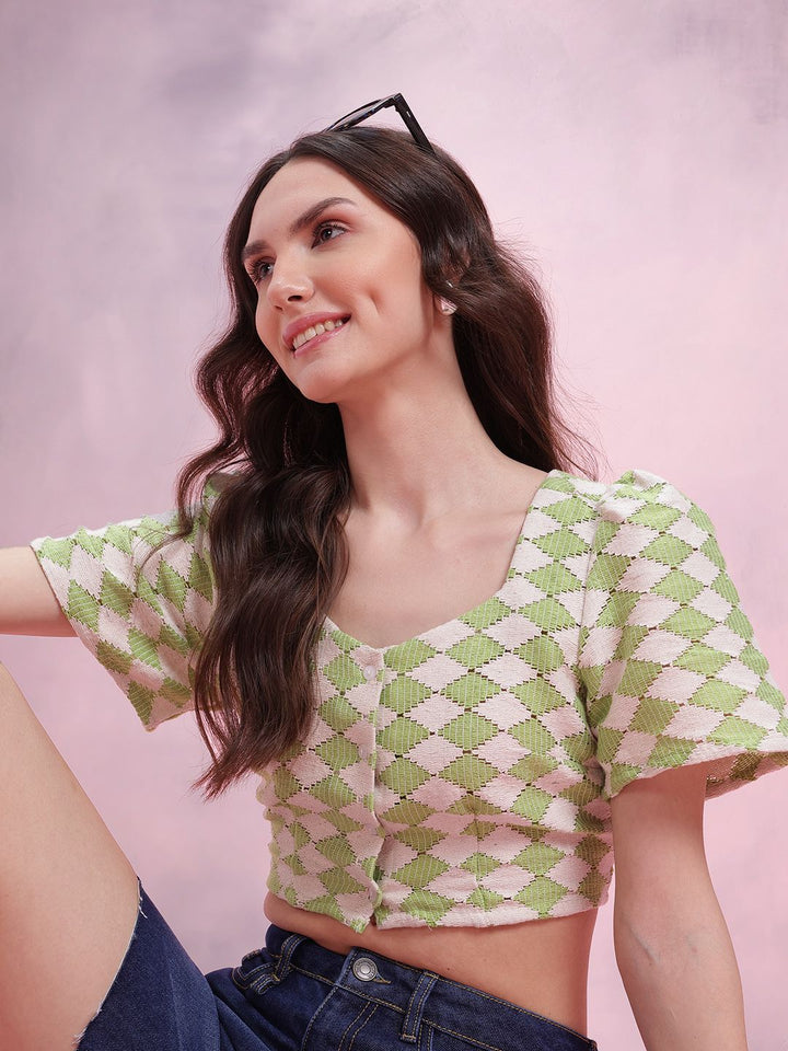 DressBerry Geometric Design Flared Sleeve Crochet Top