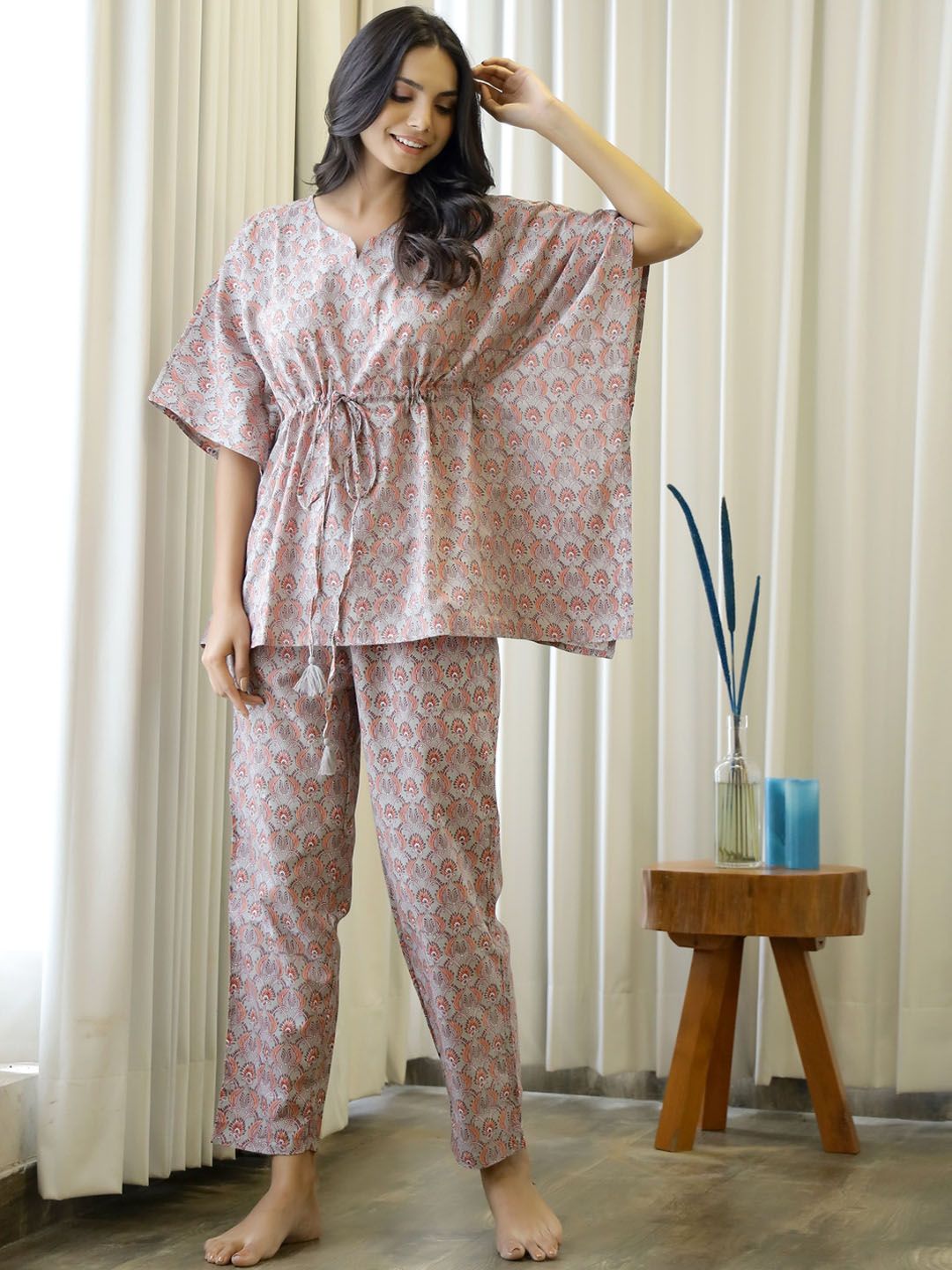 SANSKRUTIHOMES Women Grey & Orange Printed Pure Cotton Night suit