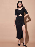 SASSAFRAS BASICS Cut-Out V-Neck Front Silts Cotton Midi Bodycon Dress