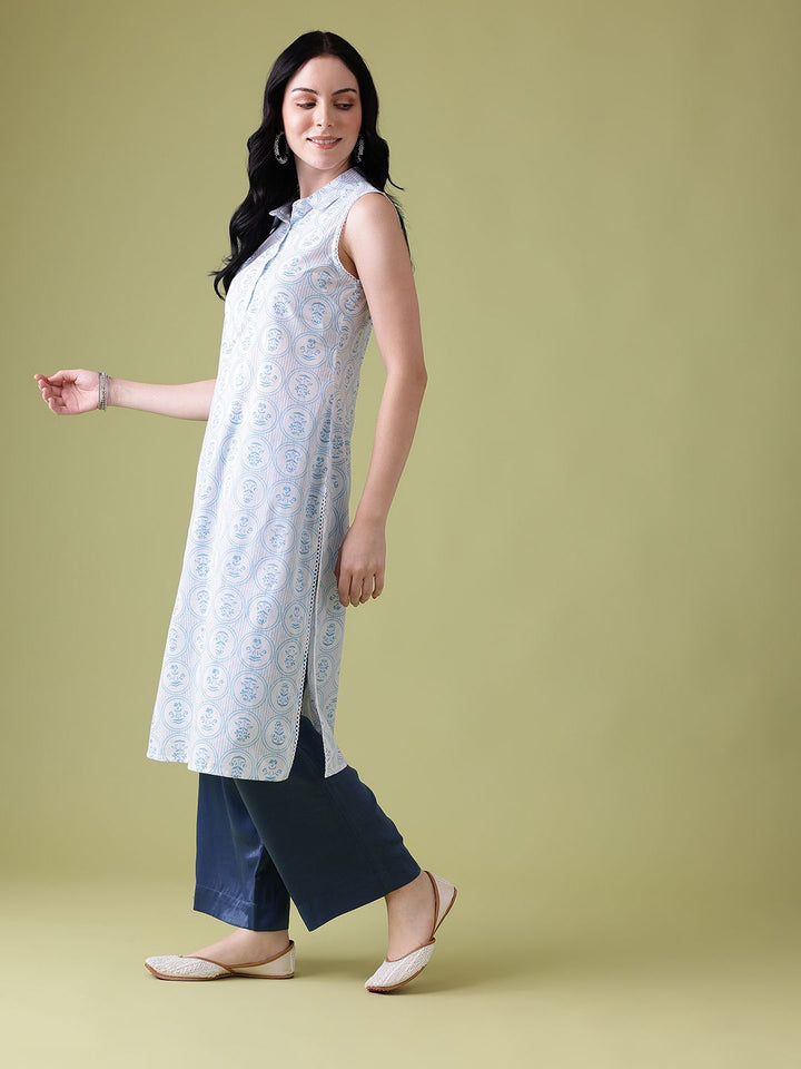Anouk Floral Printed Pure Cotton Lace Insert Detail Calf-Length Straight Kurta