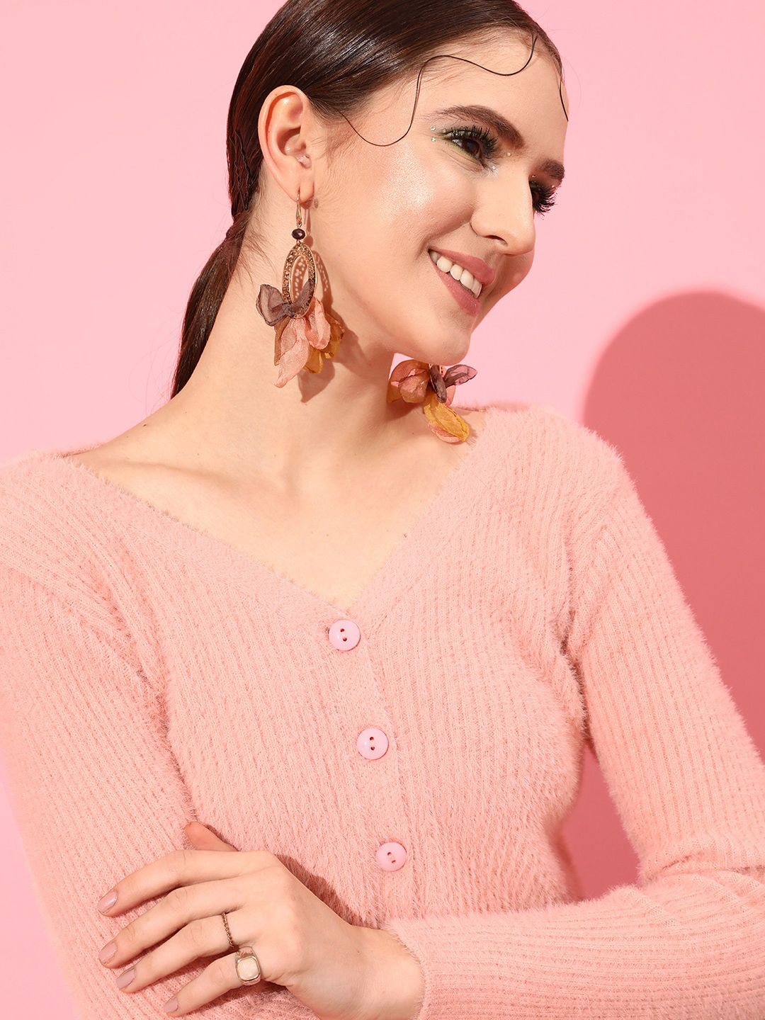 STREET 9 Women Peach-Coloured Ribbed Crop Cardigan