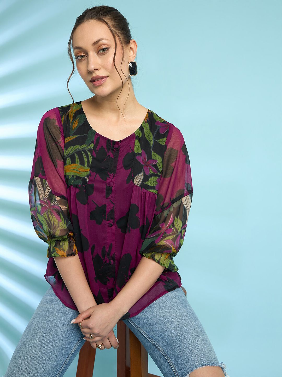 Antheaa Floral Printed Puff Sleeves A-Line Top with Pleated Detail