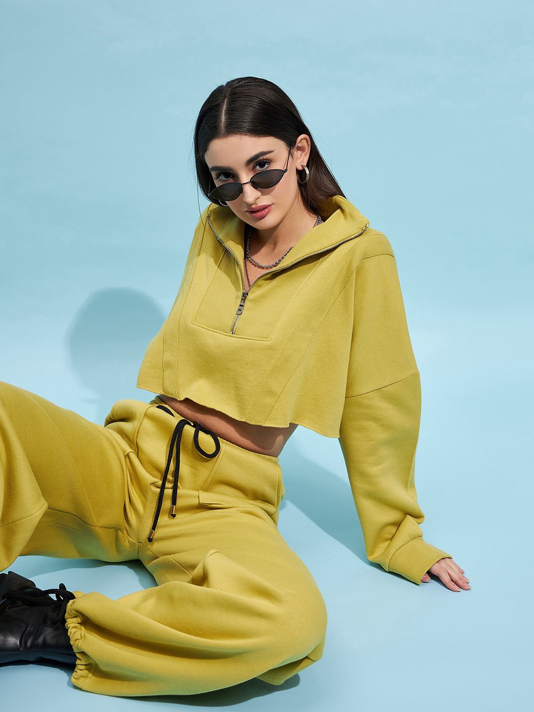 STREET 9 Lime Green Mock Collar Pure Cotton Crop Sweatshirt