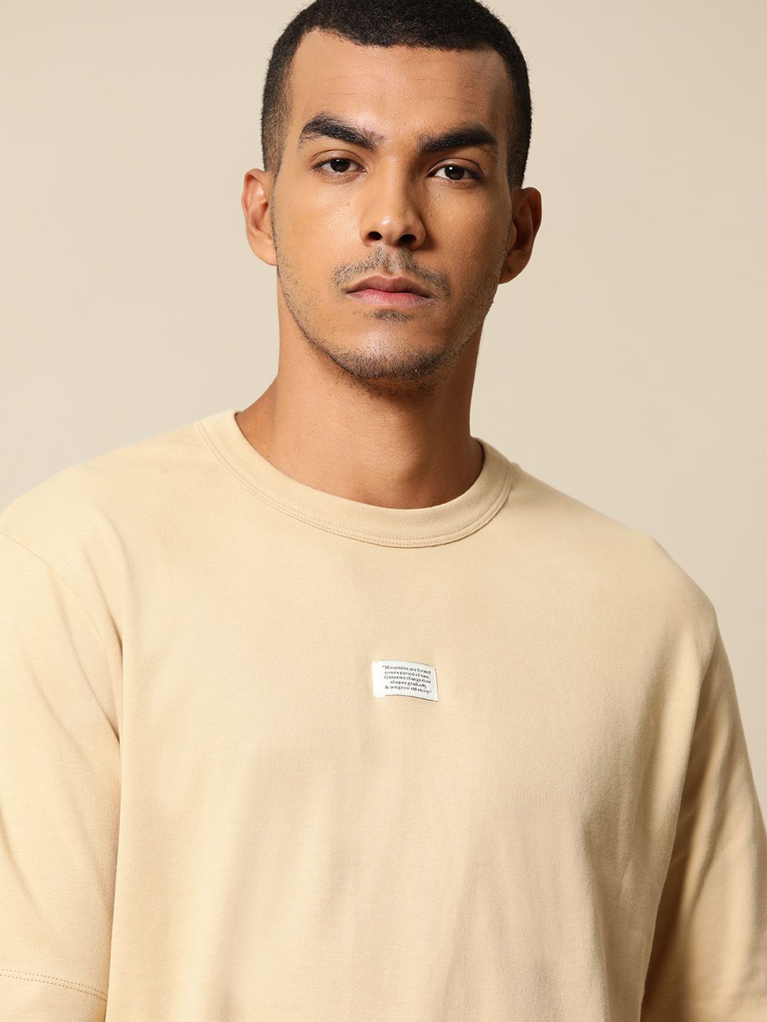 Mr Bowerbird Men Beige Pure Cotton Philosophy Crew Neck Oversized Pure Cotton T-shirt