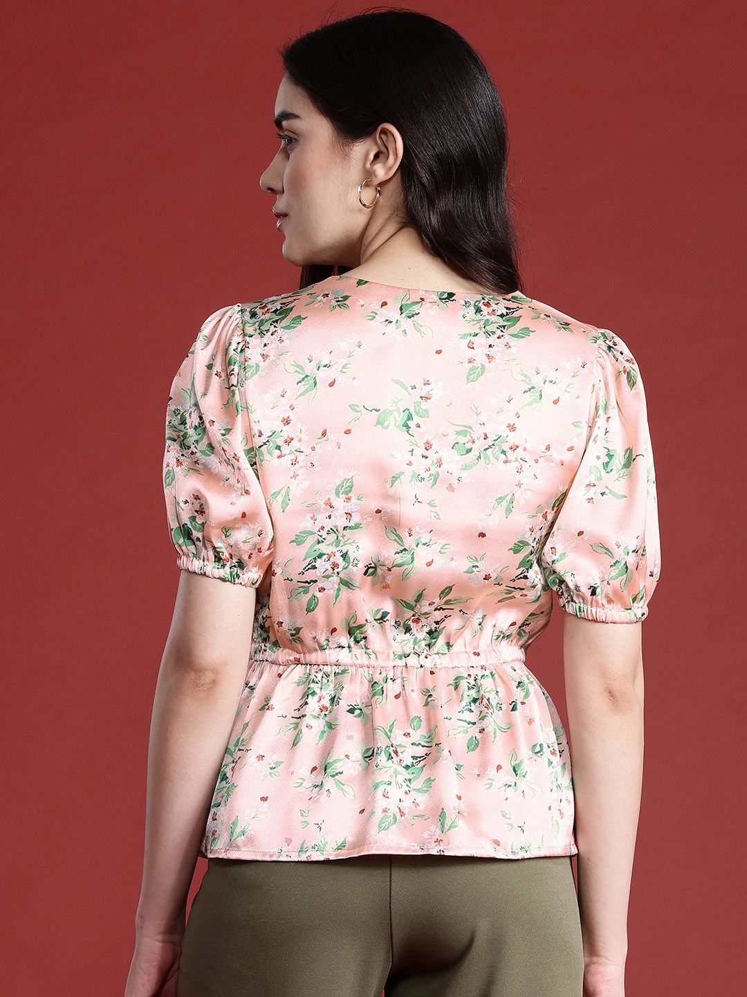 all about you Floral Print Cinched Waist Satin Finish Top