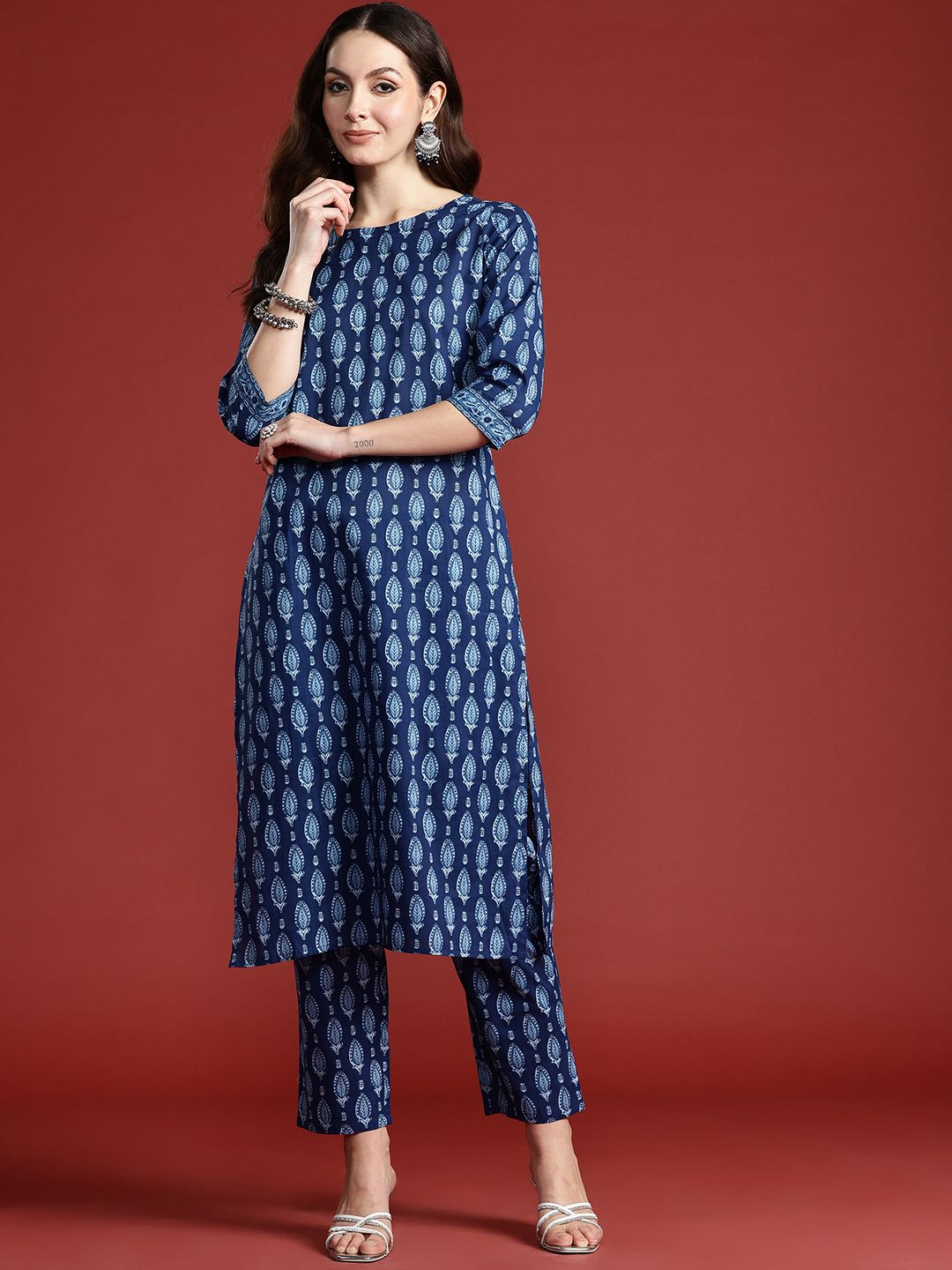 Indo Era Ethnic Motifs Printed Pure Cotton Kurta with Trousers