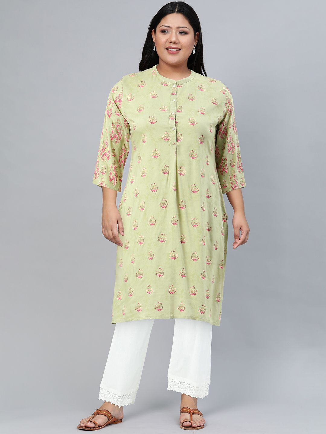 W Women Green & Pink Printed Straight Kurta