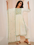 Libas Floral Yoke Design Pleated Thread Work Pure Cotton Kurta With Palazzos & Dupatta