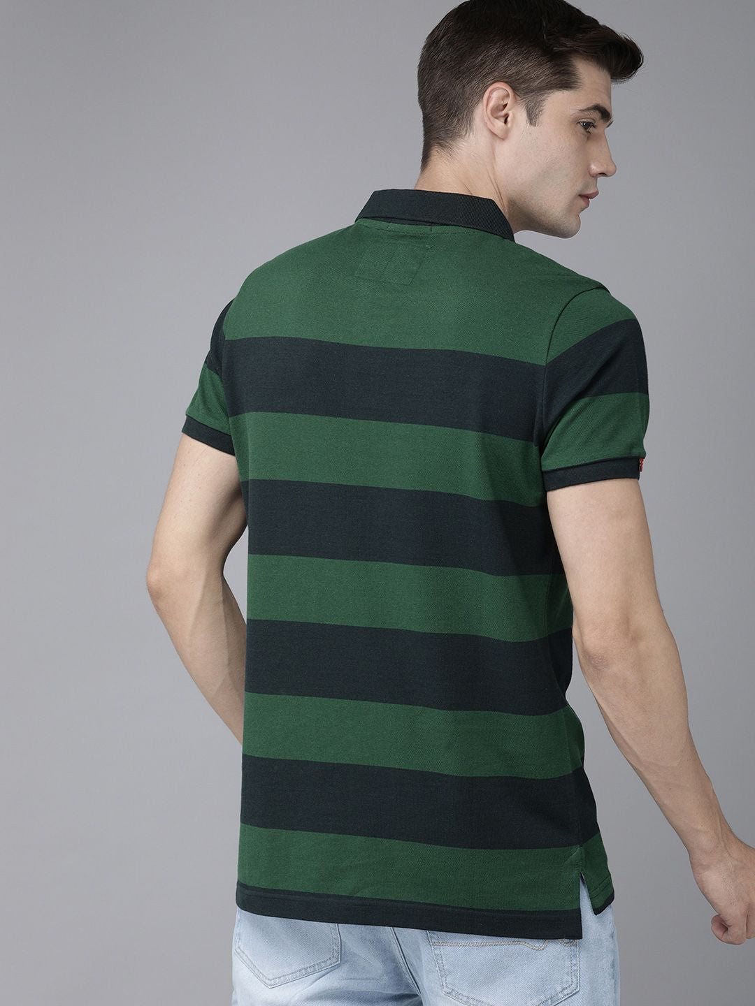 THE BEAR HOUSE Men Navy Blue Green Striped Polo Collar Slim Fit Pure Cotton T-shirt