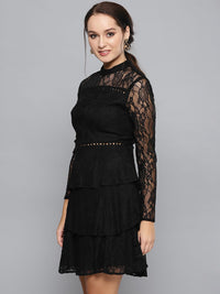 STREET 9 Women Black Floral Lace A-Line Dress