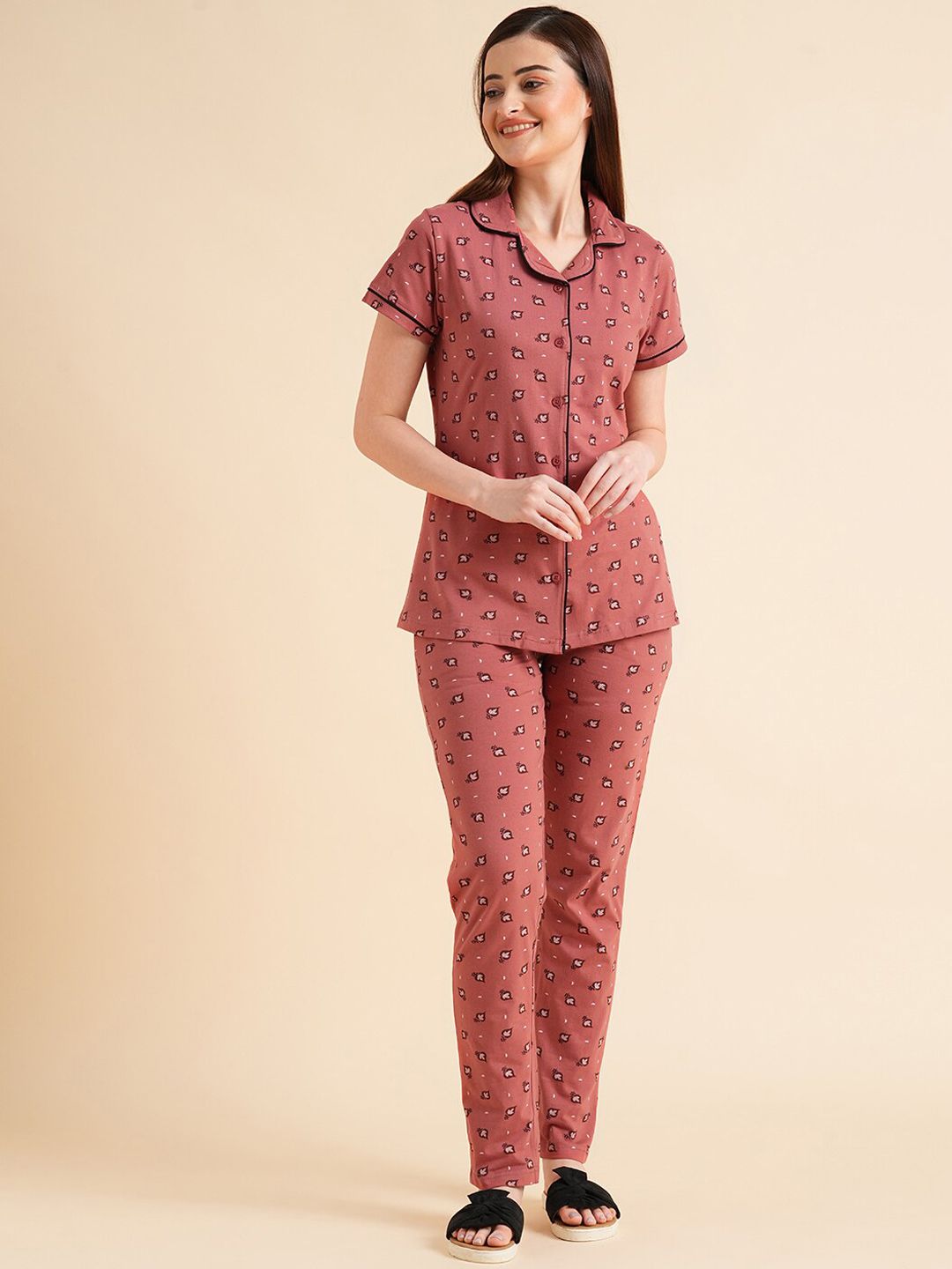 Sweet Dreams Peach-Coloured & White Floral Printed Pure Cotton Night Suits