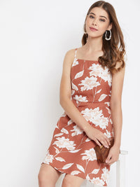 Berrylush Women Brown & White Floral Print Fit and Flare Dress