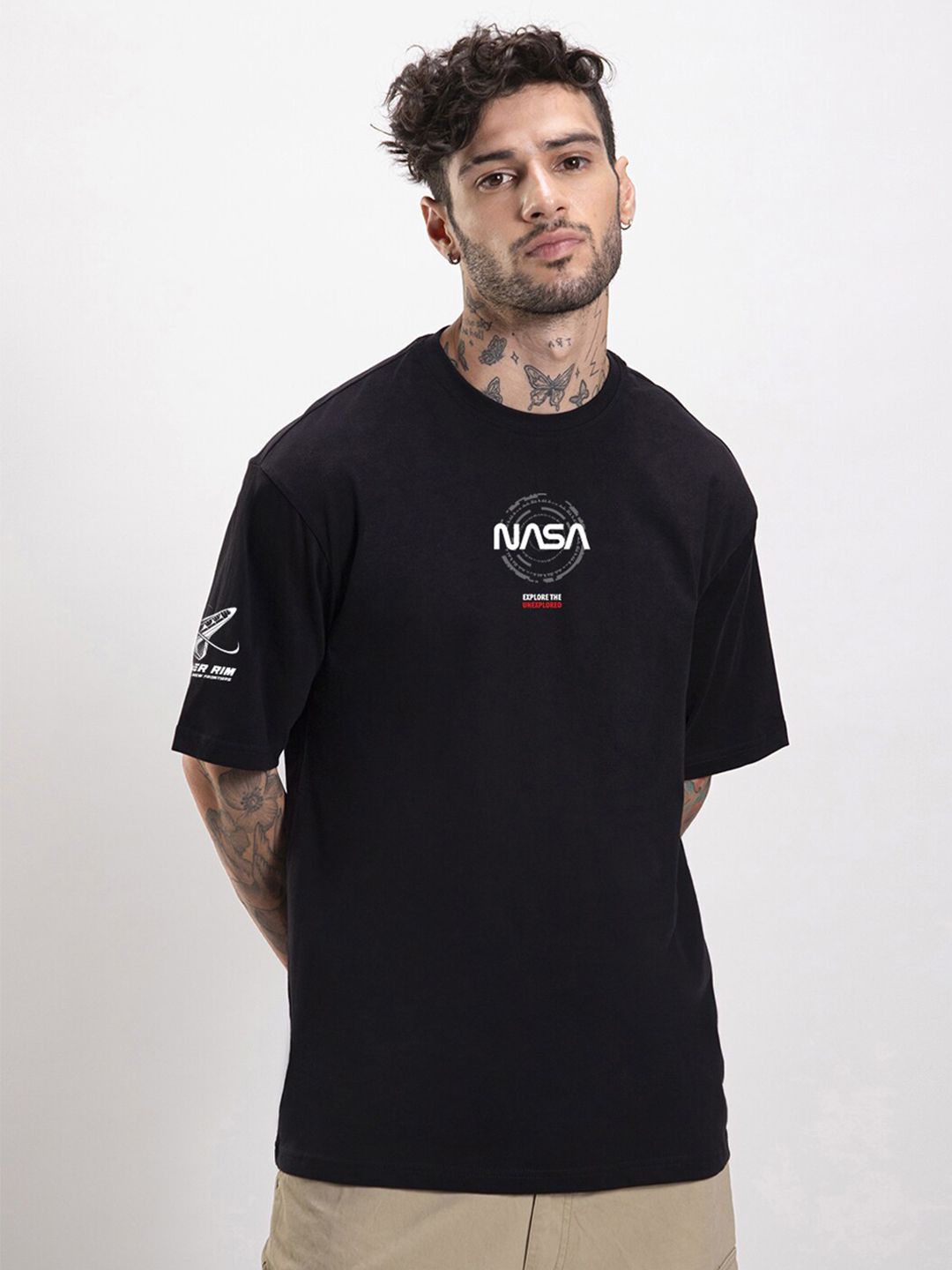 Bewakoof Black Graphic NASA Printed Cotton Oversized T-Shirt