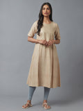 W Women Beige Embellished Keyhole Neck Flared Kurta