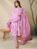 Indo Era Floral Printed V Neck Pure Cotton Panelled A-Line Kurta with Trousers & Dupatta