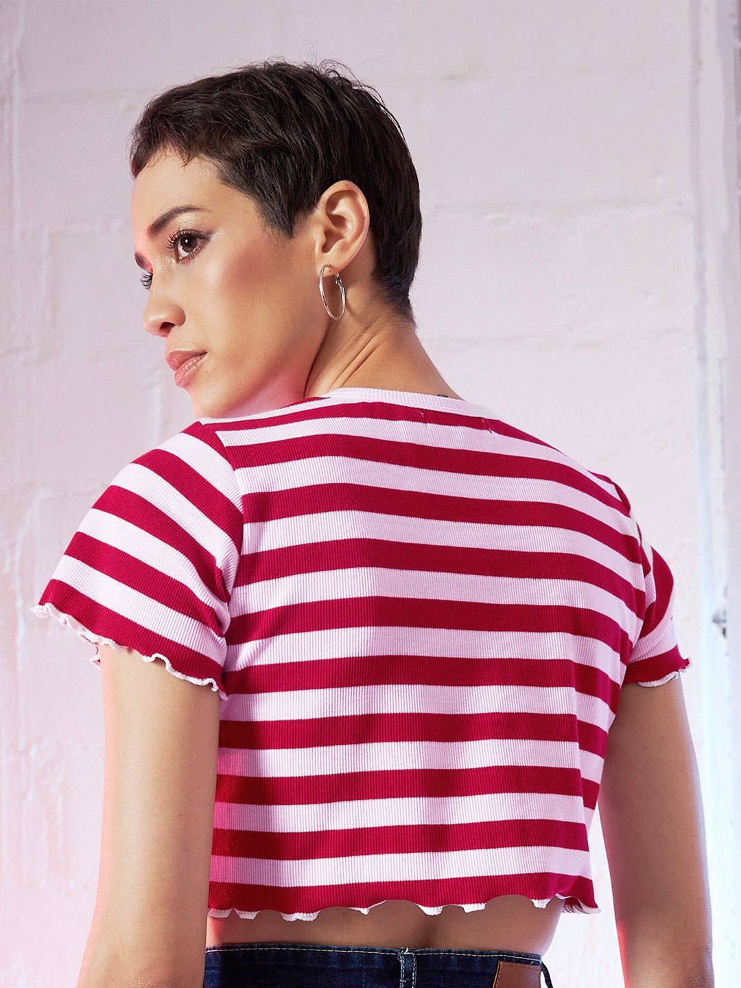 SASSAFRAS Red & White Striped Cotton V-Neck Crop Top
