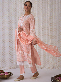 Indo Era Floral Embroidered Notched Neck Cotton Straight Kurta with Trousers & Dupatta